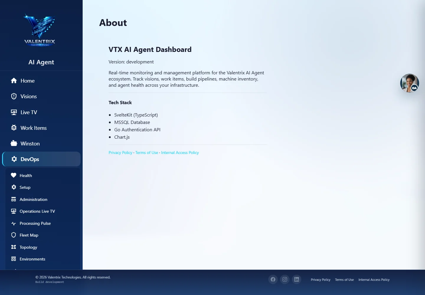 VTX AI.Agent: About desktop sample-data page