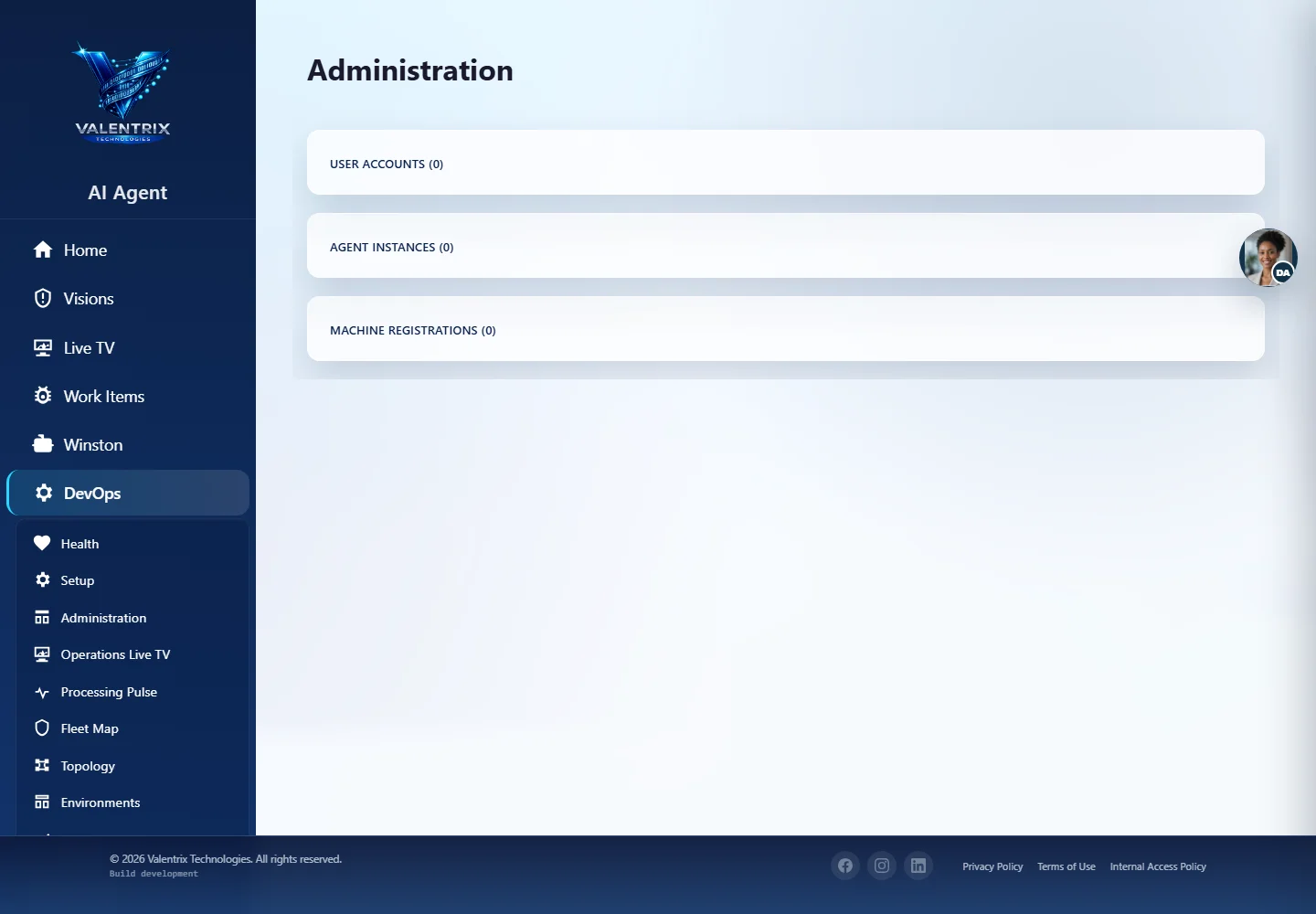 VTX AI.Agent: Administration desktop sample-data page