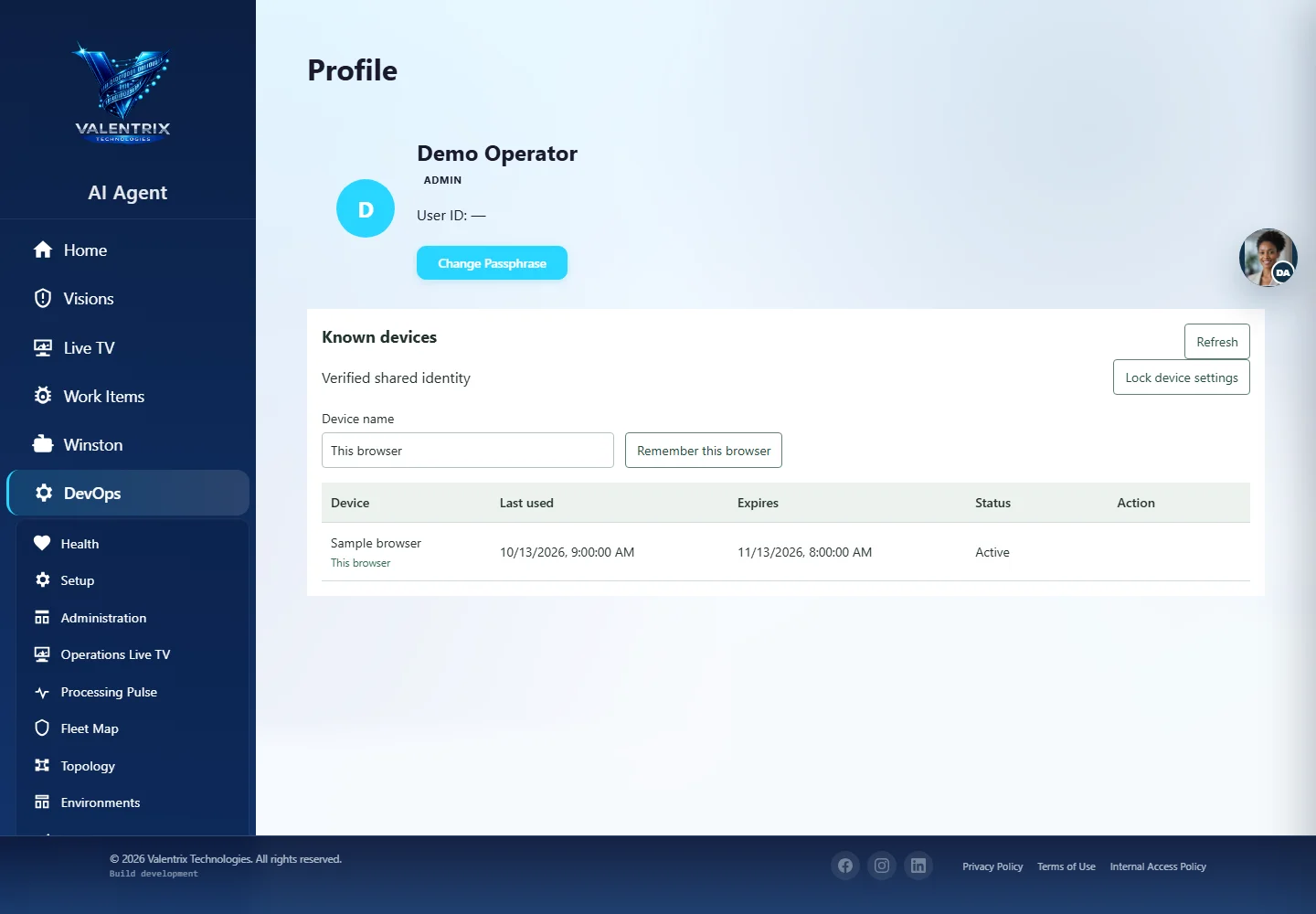 VTX AI.Agent: Profile desktop sample-data page