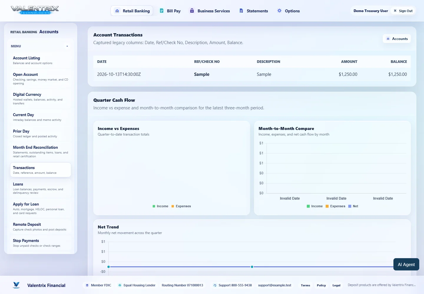 Modern Banking: Transactions desktop sample-data page