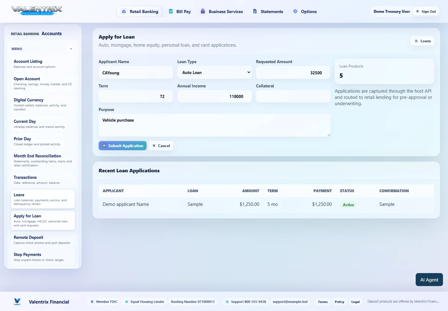 Modern Banking: Apply for Loan desktop sample-data page