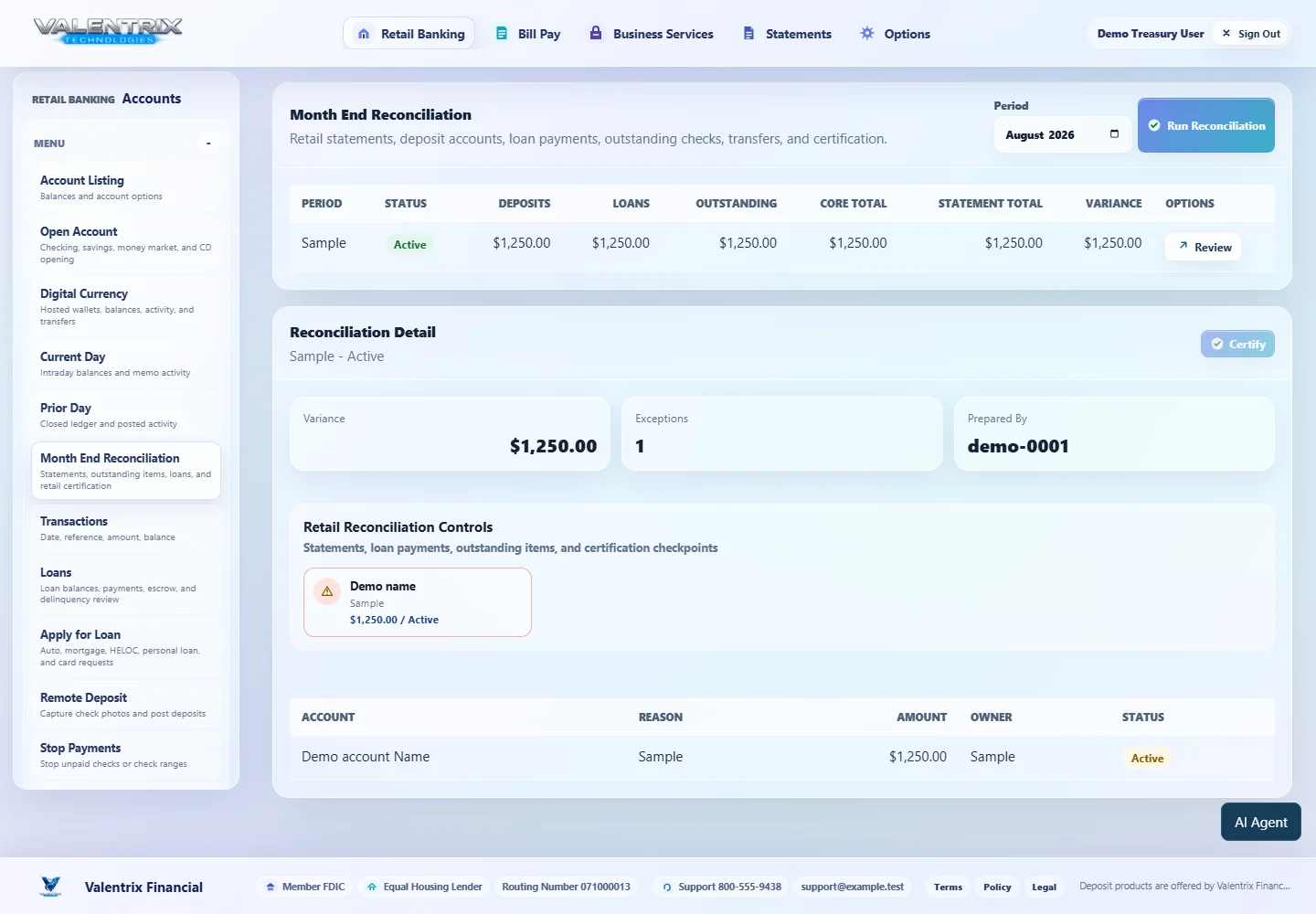 Modern Banking: Month End Reconciliation desktop sample-data page