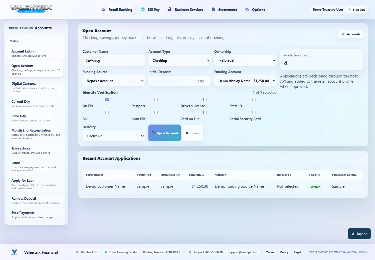 Modern Banking: Open Account desktop sample-data page