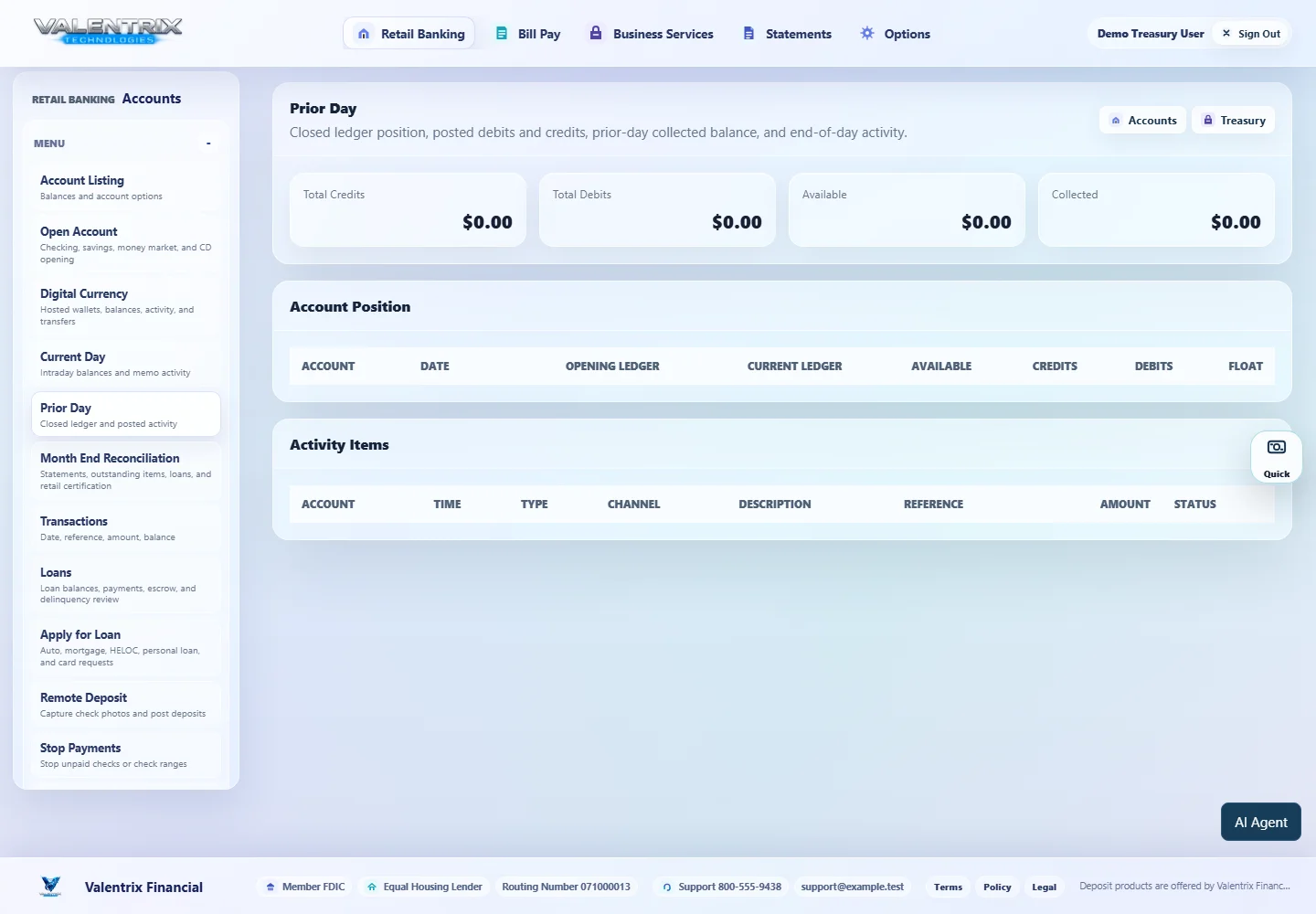 Modern Banking: Prior Day desktop sample-data page
