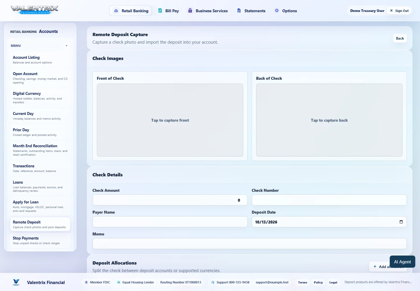 Modern Banking: Remote Deposit desktop sample-data page