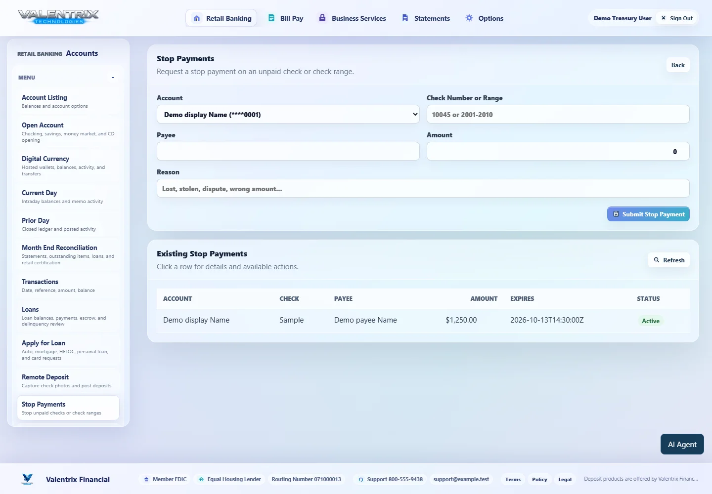 Modern Banking: Stop Payments desktop sample-data page