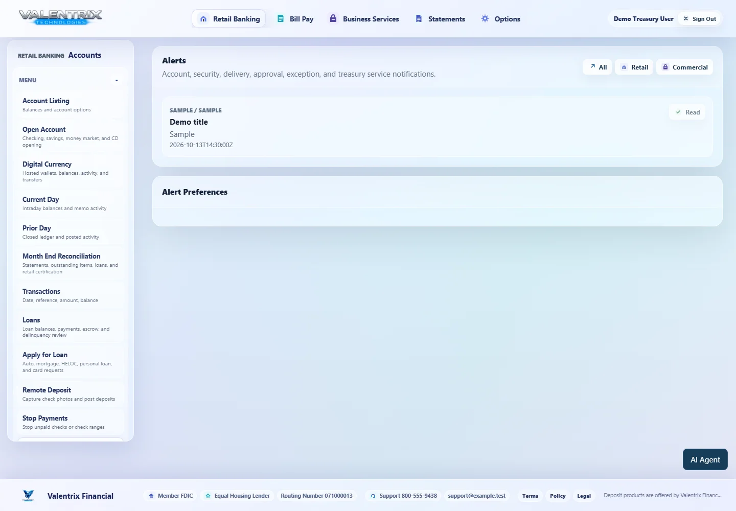 Modern Banking: Alerts desktop sample-data page