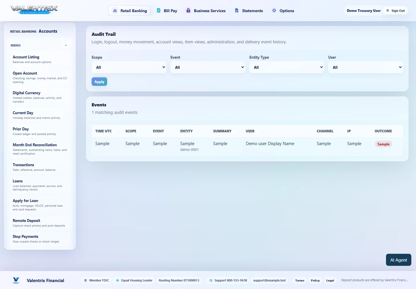 Modern Banking: Audit Trail desktop sample-data page