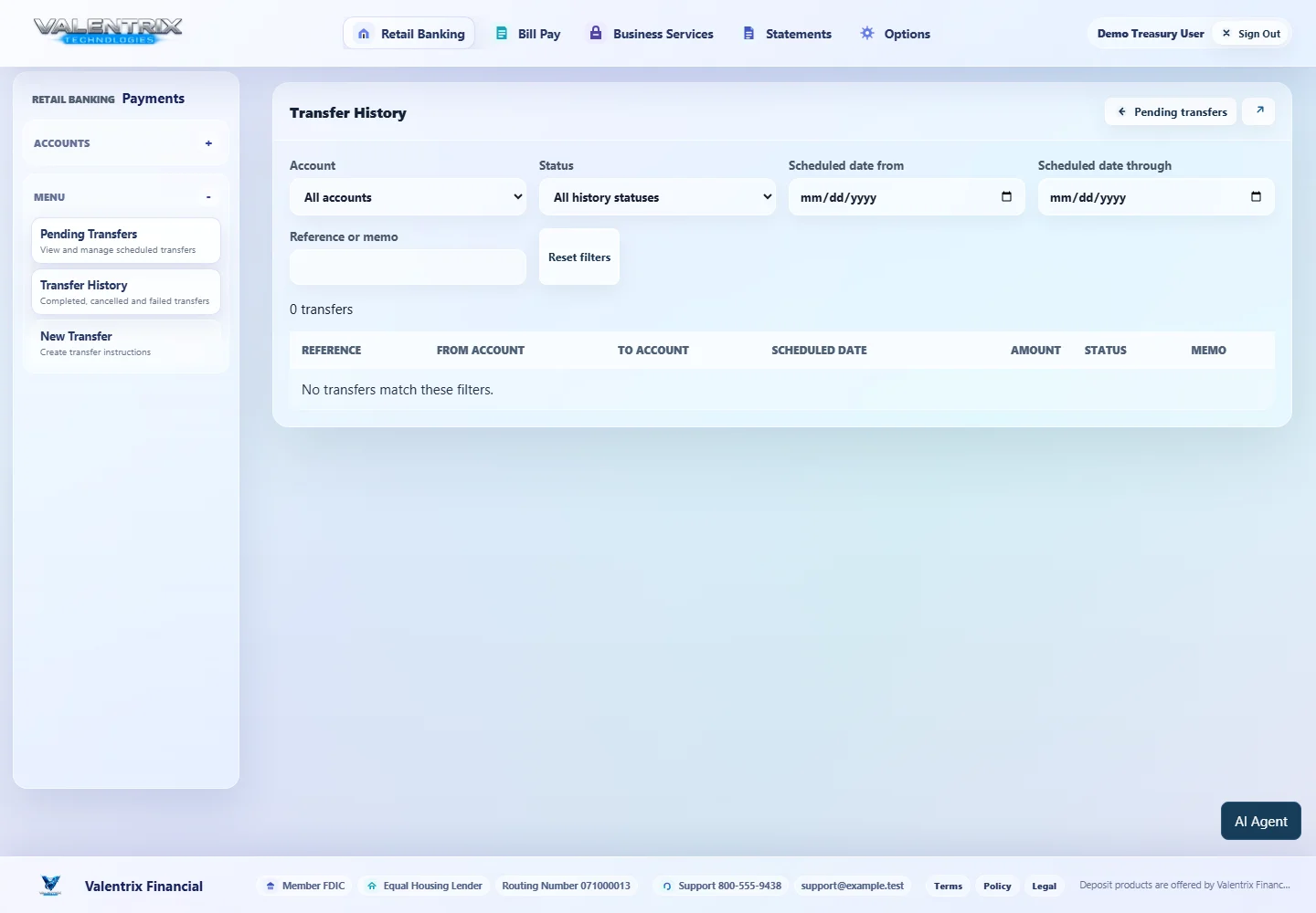 Modern Banking: Transfer History desktop sample-data page