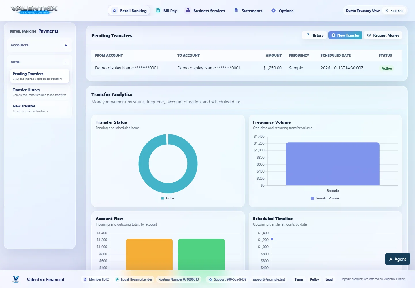 Modern Banking: Pending Transfers desktop sample-data page