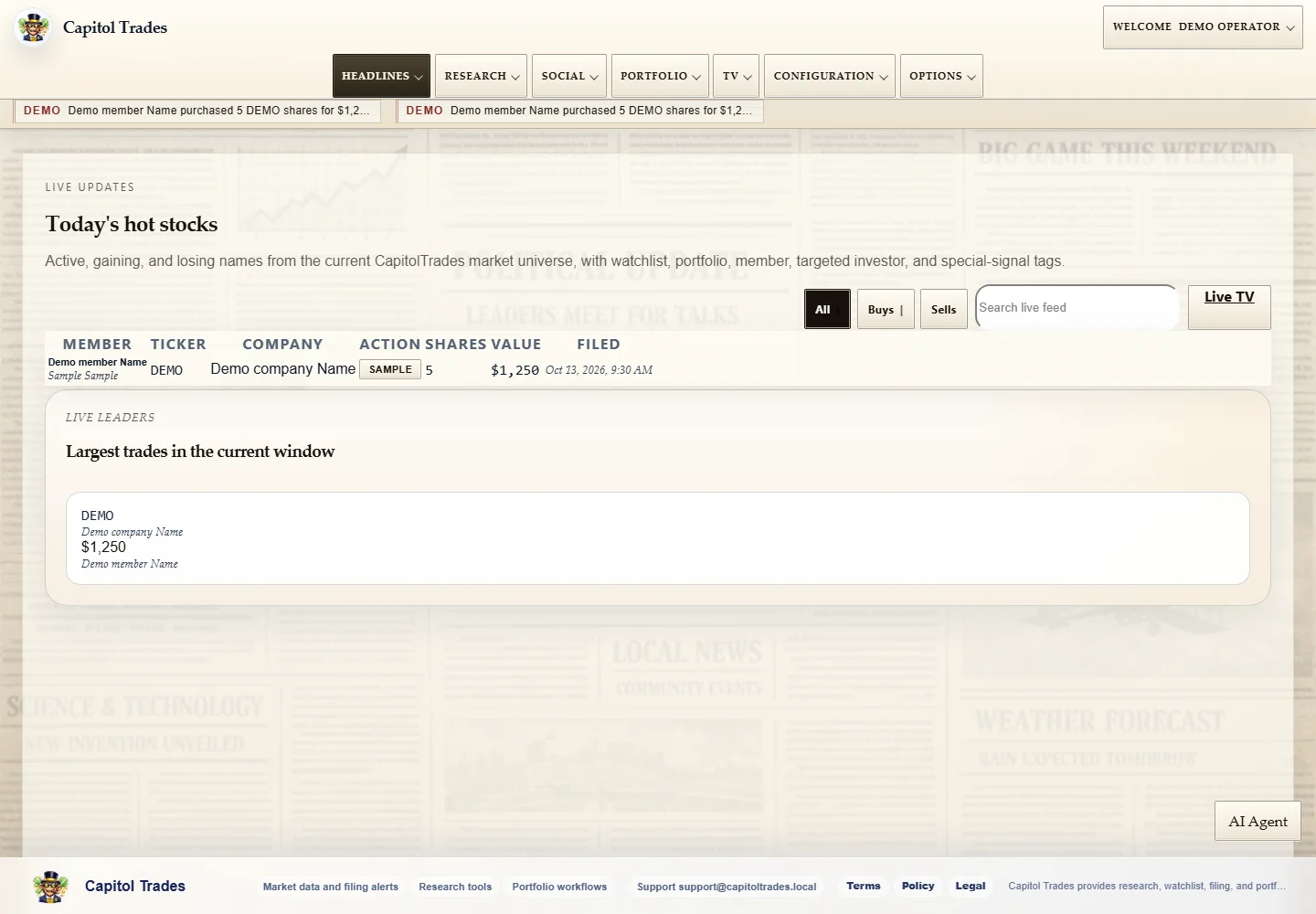 CapitolTraders: Live Updates desktop sample-data page