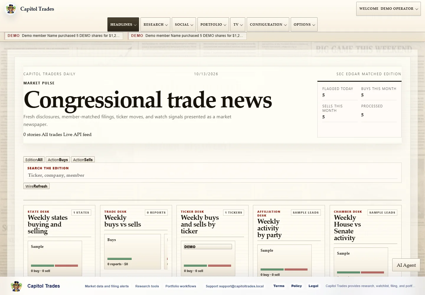 CapitolTraders: News desktop sample-data page