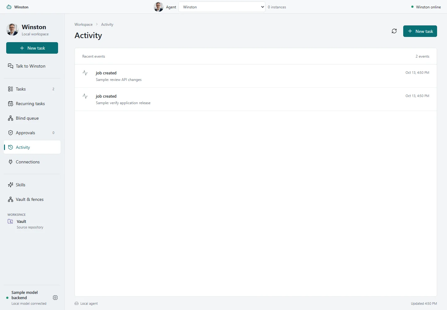 Winston: Activity desktop sample-data page