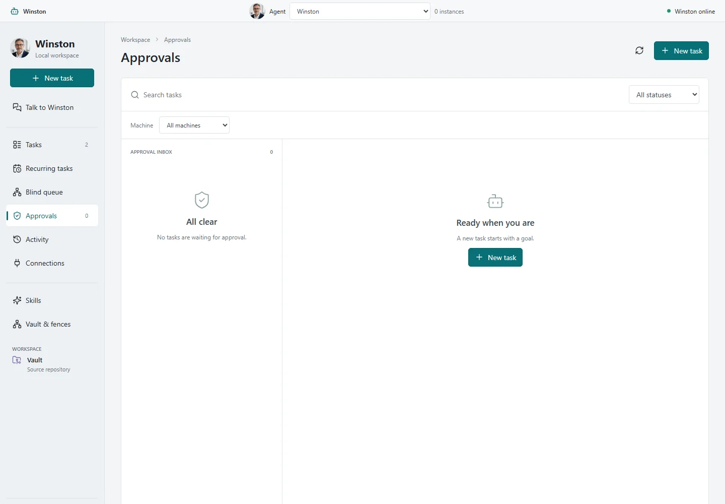 Winston: Approvals desktop sample-data page